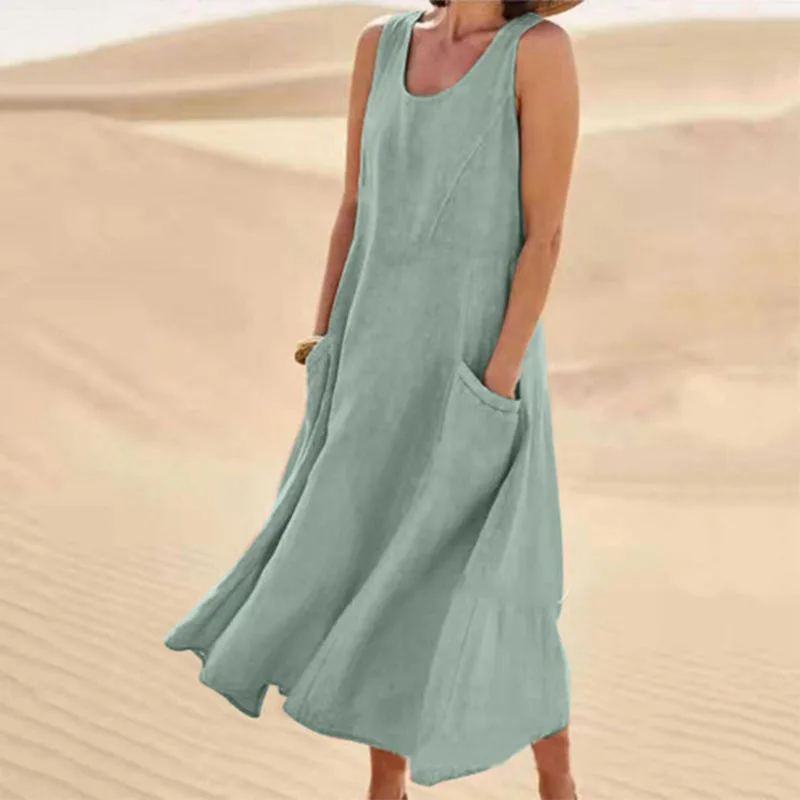 Isabel | Women's cotton and linen sleeveless dress with pocket